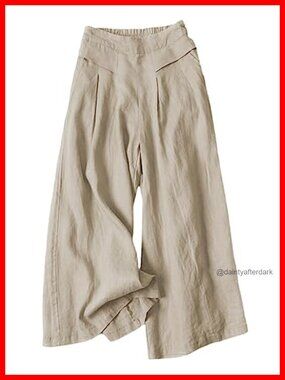 Linen Cropped Wide Leg Palazzo Pants High Waist Culottes with Pockets